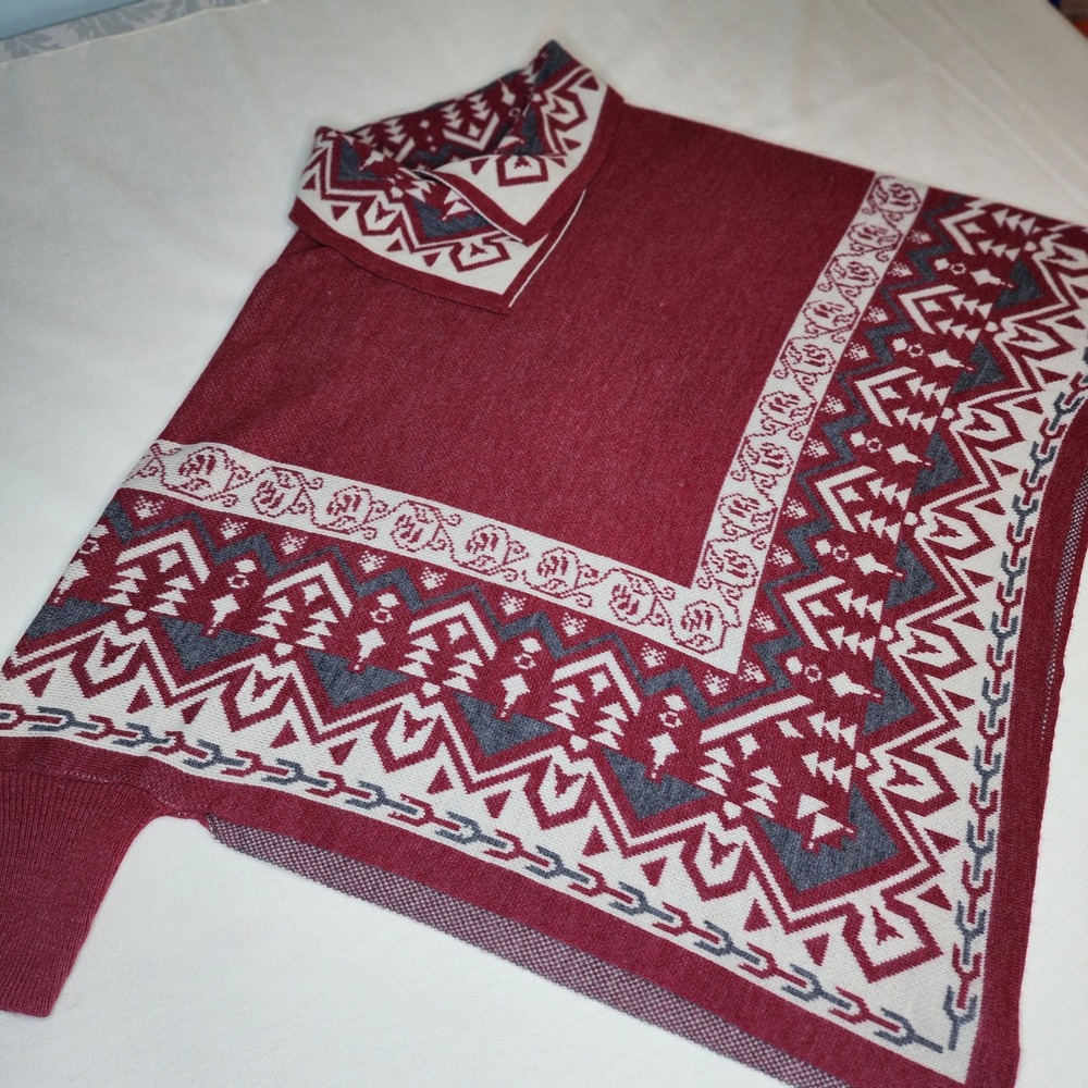 Womens Alpaca Wool Poncho Sweater Burgundy Geometric Knit Made in Peru Wrap Boho